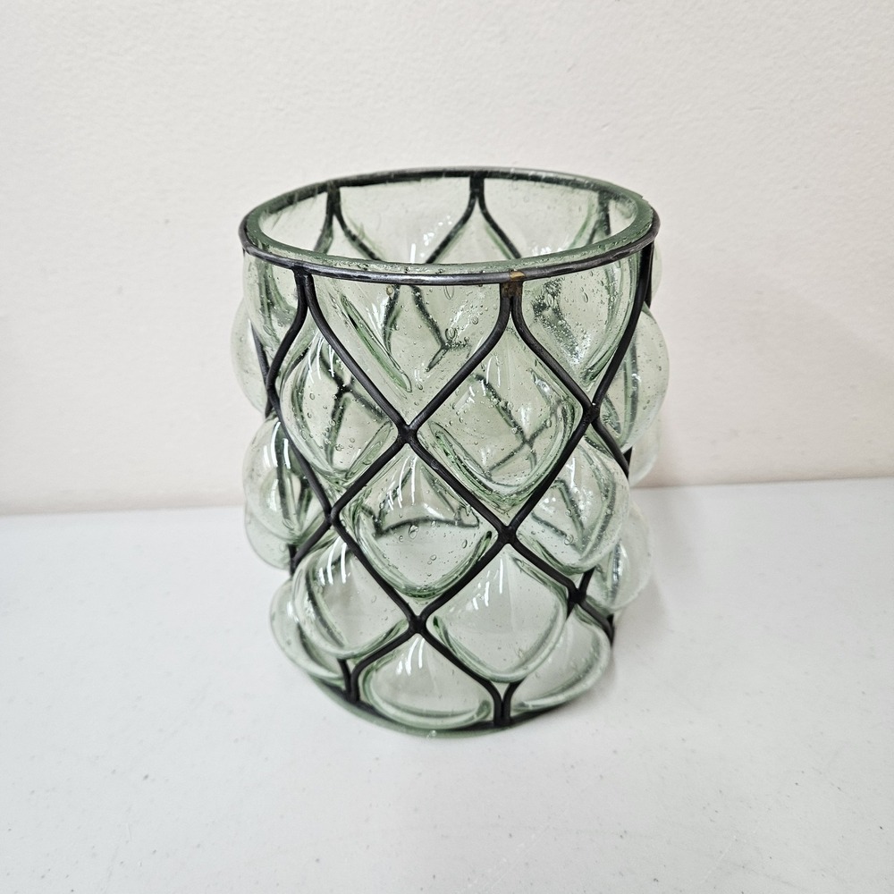 MCM Brutalist Caged Wrought Iron Art Glass Hand Blown Green Candle Holder VTG‎